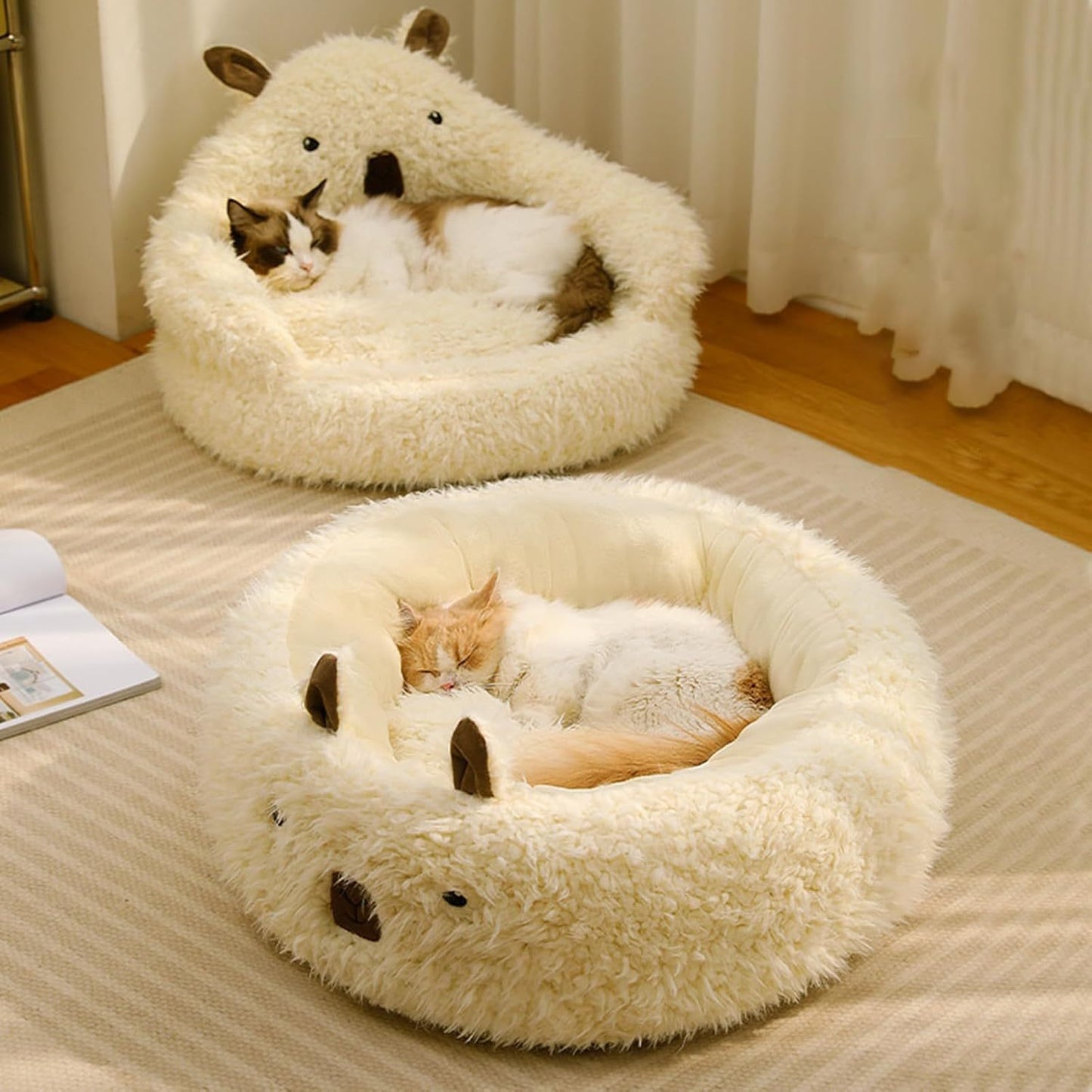 Cut Alpaca Pet Bed For Dogs Cats Calming Bed With Detachable Plush Pads Anti Slip Bottom Raised Edges Winter Warm Nest White