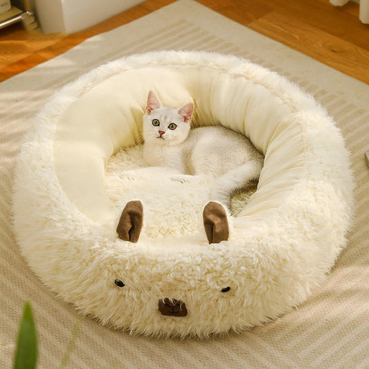 Cut Alpaca Pet Bed For Dogs Cats Calming Bed With Detachable Plush Pads Anti Slip Bottom Raised Edges Winter Warm Nest White